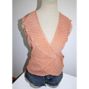 Vintage Peach Lace Ruffle Wrap Tank Top – Romantic Boho Cottagecore – Size S